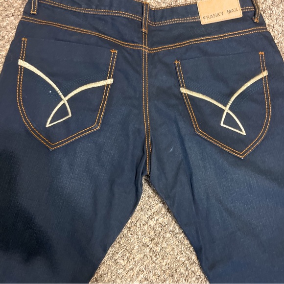 Y2K Franky Max Jeans Mens 38x32 Dark Wash Blue Denim Waxed Cotton Stretch Zip - Picture 2 of 8